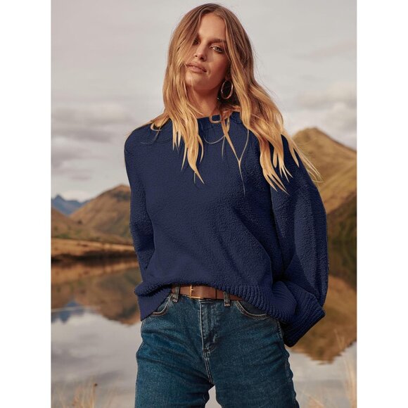 Women's Oversized Sweater Fuzzy Navy Blue Long Sleeve Casual Chunky Pullover - Picture 5 of 8